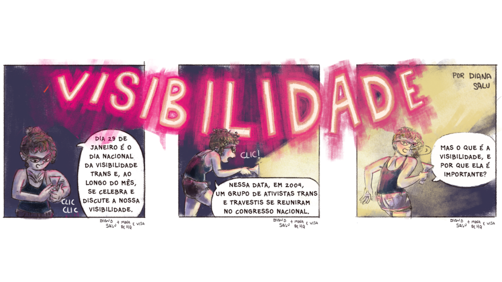 História em quadrinhos de Diana Salu para o jornal Vozes Diversas, publicação do Comitê de Inclusão e Diversidade da Visa organizada em parceria com a Mina de HQ
